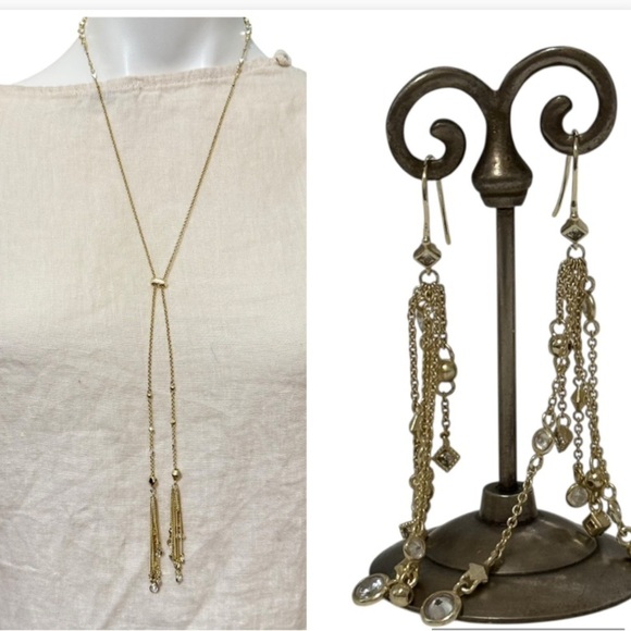 Kendra Scott Winifred tassellariat necklace gold rhinestones & earrings